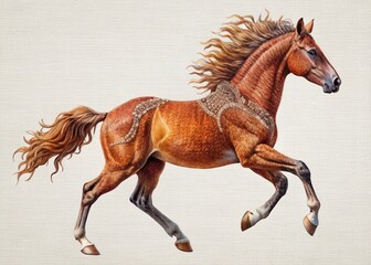 Fototapeta premium Galloping Chestnut Horse Embroidery Design, Equestrian Art, Panoramic View