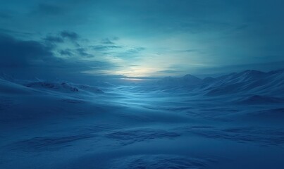 Obraz premium Scenic calm snowy landscape glowing softly under the cool blue tones of winter twilight creating a peaceful seasonal atmosphere
