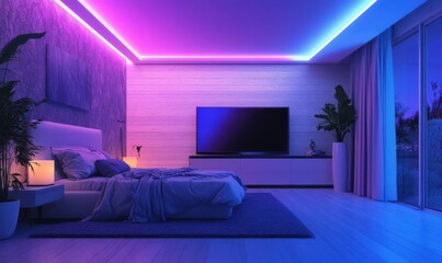 Elegant gradient purple and blue lights illuminating a minimalist room forming a bold interior visual .