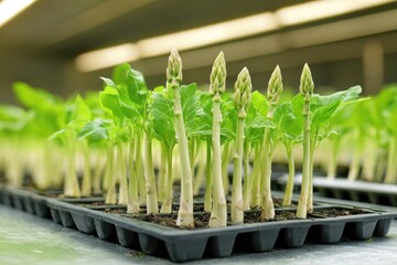 Asparagus Seedlings Sprouting in a Greenhouse With Bright Light and Vibrant Green Leaves