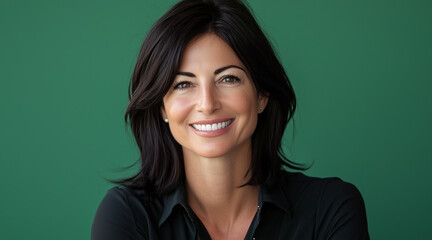 Smiling businesswoman, in front of green background, beautiful dark-haired woman in shirt, profile photo, isolated photo of people, employee photo