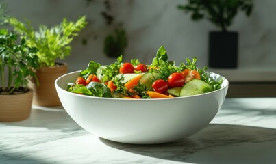 Fresh vegetable salad with vibrant greens, sliced carrots, and cherry tomatoes, arranged in a white bowl against a minimalist backdrop