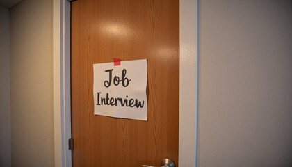 Close-up of a sleek wooden office door with a "Job Interview" sign evoking anticipation