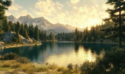 Scenic mountain lake surrounded by dense pine trees, golden sunlight reflecting off the water's surface for a tranquil and picturesque view