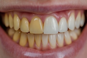 Bright and healthy smile with contrast between white and yellow teeth displayed during dental check up. Generative AI