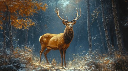 Fototapeta premium Majestic stag autumn forest snow light nature wildlife