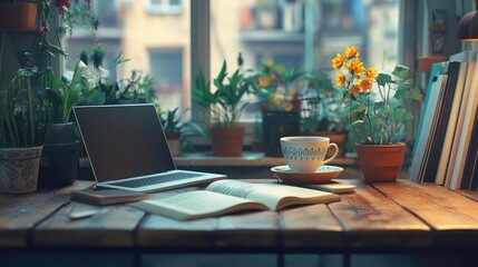 Laptop, plants, book, window, work, home