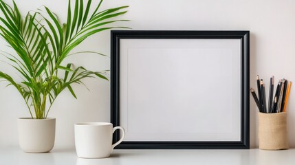 Blank frame, plant, pencils, coffee, home office