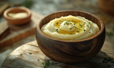 Freshly prepared creamy mashed potatoes with a swirl of melted butter, garnished with green herbs, served in a rustic wooden bowl on a textured table setting .