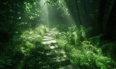 Fototapeta premium Scenic pathway through a dense green forest illuminated by dappled sunlight, evoking tranquility and exploration