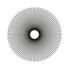 Radial circle lines template. Circular lines modern element. Symbol of Sun star rays. Flat design trendy element. Spokes with radiating stripes simple icon. Abstract illusion geometric shape sticker.