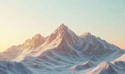 Scenic snowy mountain peaks glowing under soft golden sunrise light, creating a serene and majestic landscape