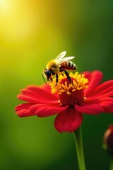 Fototapeta premium Yellow Cumblebee hovering above red flower petals, sunshine, nature, colorful