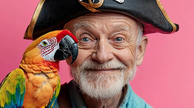 Smiling elderly man with parrot in pirate hat against pink background.