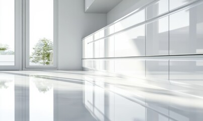 Obraz premium Close-up of a sleek white modern kitchen interior with glossy cabinets, bright natural light creating clean reflections, minimalist home decor, vibrant tones
