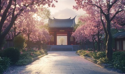 Obraz premium Scenic view of cherry blossoms framing a traditional Japanese temple, illuminated by soft morning light for a serene and cultural feel