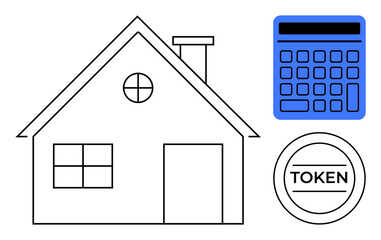 House structure, calculator, and token signify financial planning, real estate investment, home loans, budgeting, property valuation, savings, and ownership flat simple metaphor