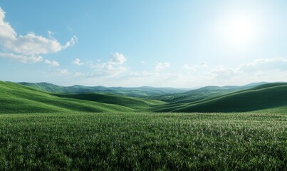 Naklejka premium Scenic view of rolling green hills under a clear blue sky, illuminated by warm sunlight creating a peaceful rural landscape