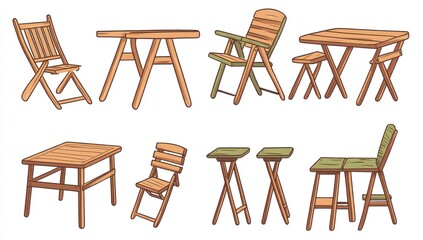 Set of wooden folding chairs and tables.