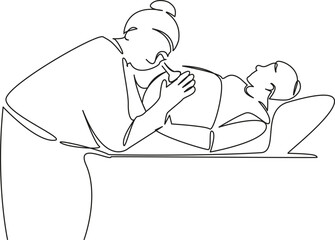 One continuous single drawing line art flat doodle pregnant, woman, belly, doctor, patient, stethoscope, listen, observation. Isolated image hand draw contour on a white background, hand drawn, not AI