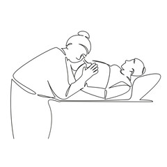 One continuous single drawing line art flat doodle pregnant, woman, belly, doctor, patient, stethoscope, listen, observation. Isolated image hand draw contour on a white background, hand drawn, not AI