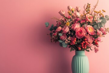 A delicate arrangement of flowers featuring pink and white blossoms, complemented by red hearts, is wrapped in gentle pink paper and tied with a white ribbon, all set against a soft pink backdrop