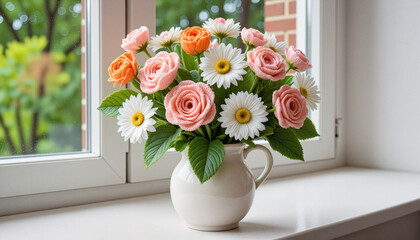 Artistic crochet flower bouquet with yarn roses and daisies in a white vase, ideal Mother's Day gift
