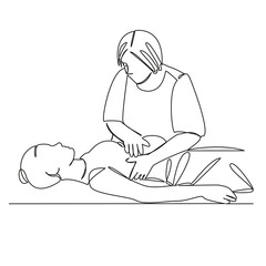 One continuous single drawing line art flat doodle doctor's pregnant, woman, osteopath, relaxation, obstetrician, doctor, massage. Isolated image hand draw contour on a white background, hand drawn, n