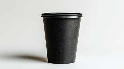 A sleek black disposable coffee cup, its minimalist form accentuated by its upright stance, stands majestically against a pristine white background, exuding an aura of modern sophistication.