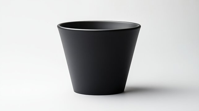 A sleek black disposable coffee cup, its minimalist form accentuated by its upright stance, stands majestically against a pristine white background, exuding an aura of modern sophistication.