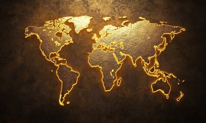 Golden world map on a rustic textured background illuminated by warm ambient lighting symbolizing global connectivity .