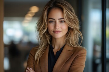 Fototapeta premium A poised woman exudes confidence, her soft features and warm smile reflecting inner strength and self-assurance. Captured with natural light and a shallow depth of field