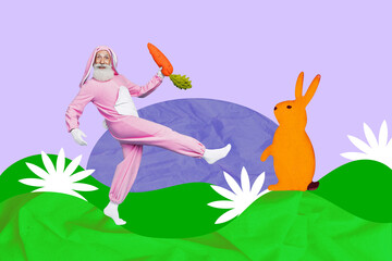 Composite photo collage of happy pensioner walk catch bunny hold carrot easter hunt game tradition flower isolated on painted background