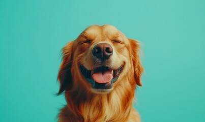 Happy golden retriever smiling in a bright studio with a soft blue backdrop, radiating joy and warmth for a pet-friendly vibe