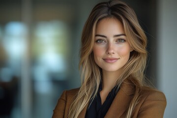 Fototapeta premium A poised woman exudes confidence, her soft features and warm smile reflecting inner strength and self-assurance. Captured with natural light and a shallow depth of field