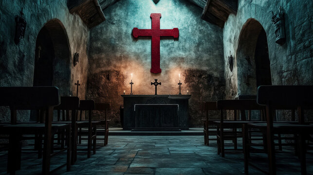 A medieval stone templar chapel interior with a red cross on the wall, an altar, and chairs in front of it, with dim lighting