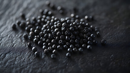 Whole black peppercorns laid out on a dark surface, their glossy texture and rich color shining in the light.