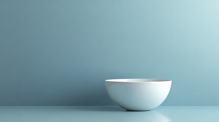 A pristine white ceramic ice cream tub, its smooth surface reflecting the gentle light, rests serenely against a light blue background, its simple form accentuated by subtle shadows, creating a sense