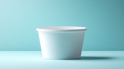 A pristine white ceramic ice cream tub, its smooth surface reflecting the gentle light, rests serenely against a light blue background, its simple form accentuated by subtle shadows, creating a sense