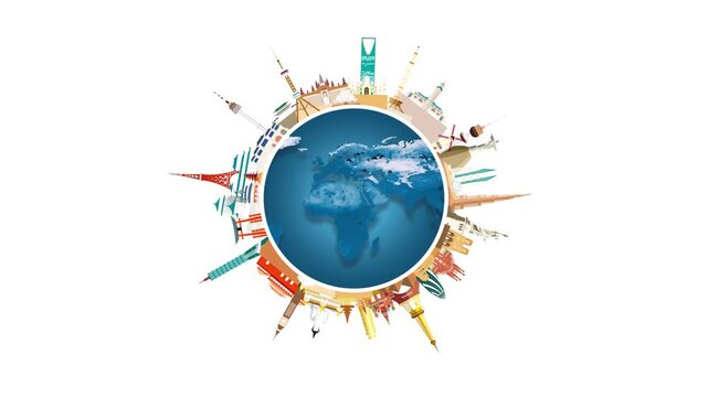 Travel architecture landmarks of the blue world on white background, vacation, Sightseeing animation banner with  (4K) . Travel world heritage and world famous architecture.