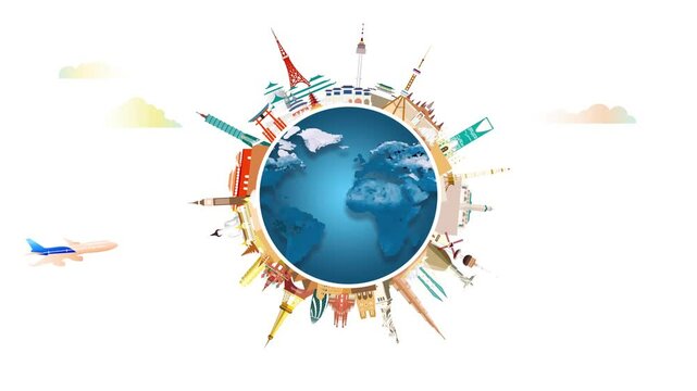 Travel landmark around the world animation banner with airplane and cloud (4K) rending illustration.