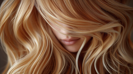 Fototapeta premium Blonde woman hair flowing close up portrait soft golden light natural beauty texture