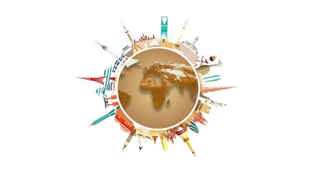 Travel landmarks around the brown world on white background, vacation, sightseeing animation banner with  (4K) . Travel world heritage and world famous buildings.