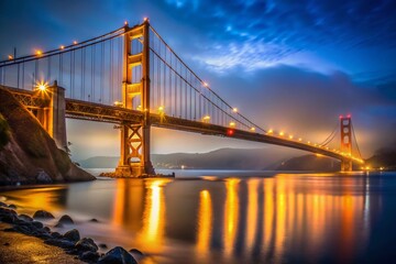 Fototapeta premium Golden Gate Bridge Night Lights, San Francisco Bay Area, Dramatic Low Light Landscape