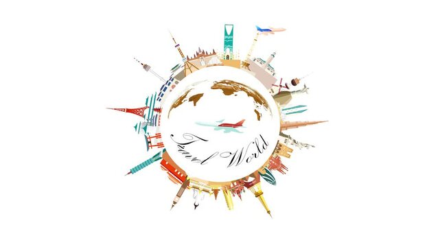 Travel landmark around the world animation banner with airplane (4K) rending illustration.