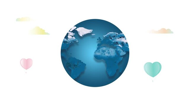 World map turn animation banner with (4K) rending 3d animation of a blue world map on white background