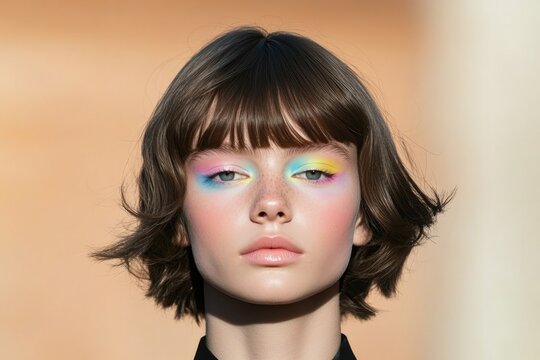 Bold makeup features vibrant pastel colors enhancing natural bea
