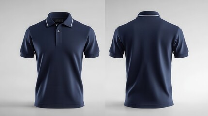A sleek navy blue polo shirt, its simple yet stylish design exuding confidence and versatility, is presented in a professional mockup from both front and back angles, showcasing its suitability for