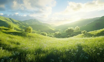 Serene green meadow glowing under soft sunlight, surrounded by lush hills and a vibrant blue sky for a tranquil countryside scene