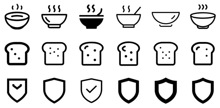 "Soup Bowl, Slice of Bread, and Shield Icon Set – Comfort, Food, and Protection Vector Symbols"